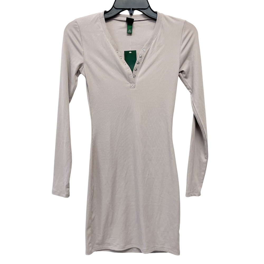 Wild Fable Women's Taupe Ribbed Henley Long Sleeve Mini Bodycon Dress Size XS